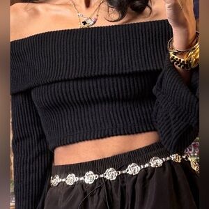 Black Off‑Shoulder Ribbed Knit Crop Top - Brand New w Tags